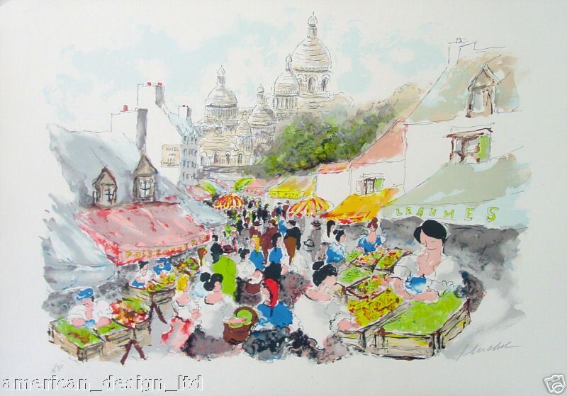 Urbain Huchet Untitled Signed Lithograph Art, French market street 