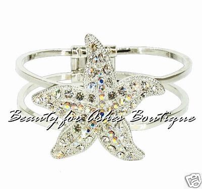 STARFISH CUFF BRACELET AUSTRIAN CRYSTALS SILVERTONE  