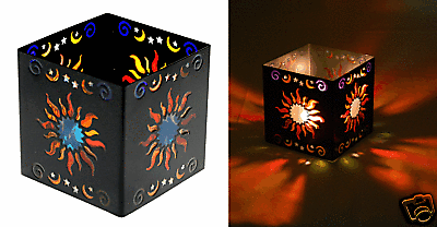 69002 Square 3" Sun Metal Tealight Candle Holder Moon Stars Stained Glass