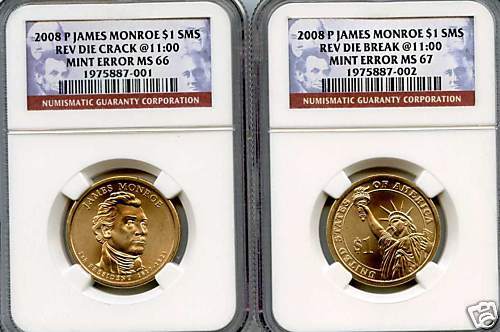 2008 P MONROE DOLLAR NGC SMS REVERSE DIE CRACK ERROR  