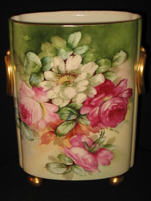 VINTAGE GUERIN LIMOGES PORCELAIN HP CACHEPOT VASE DESK  