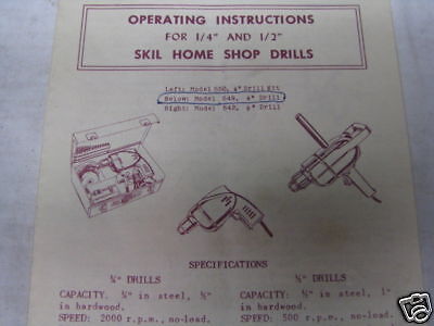 Vintage SKIL HOME SHOP DRILLS Operating Instr 1950 60s  