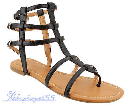 Gladiator Strappy Leatherette Flat Sandal 7 Black  