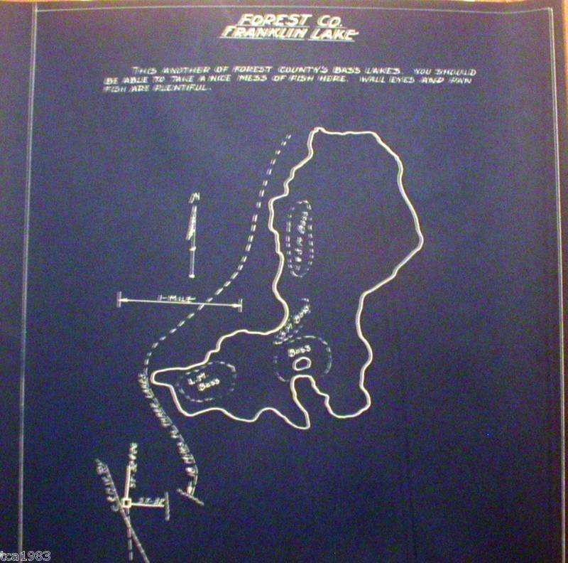 Vintage Wisconsin FISHING MAP FOREST Co. FRANKLIN LAKE  