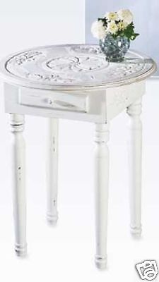 WHITE AGED CARVED,END TABLE,NIGHT STAND,  